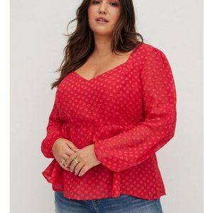 TORRID 2X Heart Print Peplum Top Semi Sheer Magenta Chiffon Puff Sleeve